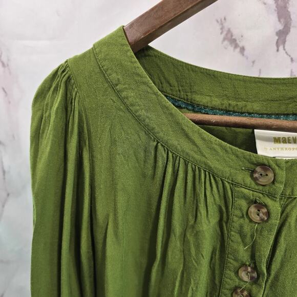 Anthropologie Shirt Womens Small Green Henley Blouse Popover Maeve Kalas Balloon - Picture 2 of 10